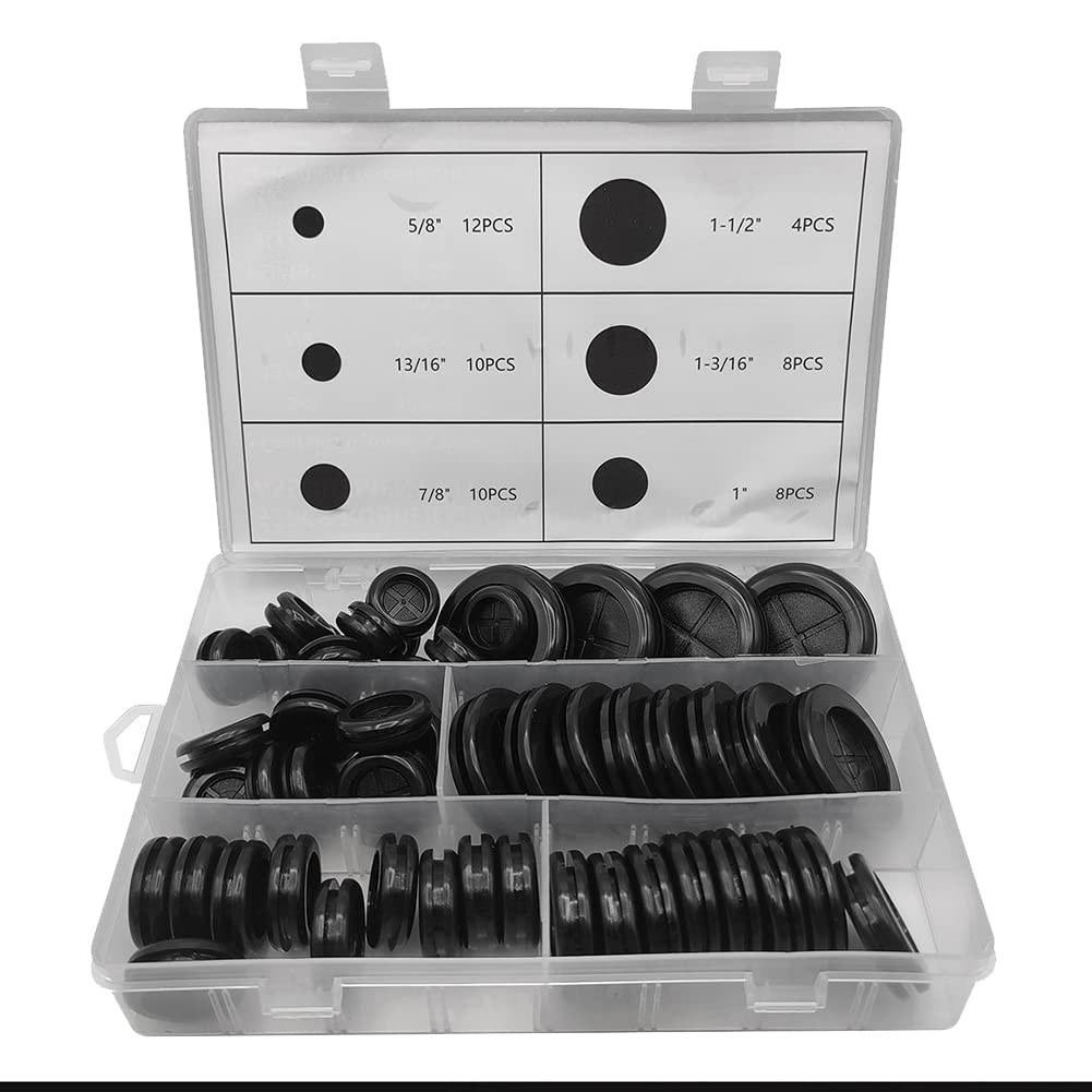 beiyaiey 52Pcs 6 Sizes Rubber Grommets Double Sided Circular Rubber Stopper Double Sided Rubber Protective Coil for Wiring,Rubber Grommet Kit,Double Sided Round Rubber Plugs