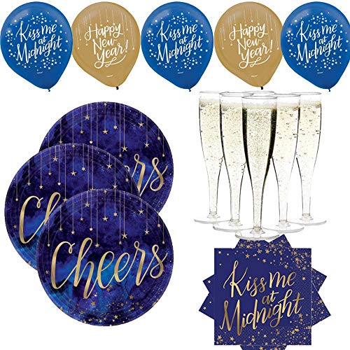Happy New Years Eve Dessert and Cocktail Party Supplies Pack With Decoration For 16 With Small Dark Blue and Gold Metallic Plates, Napkins, Balloons, And Plastic Champagne Flutes!