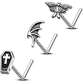 CM Crareesi Mania Bat Nose Stud Pack 20G Nose Piercing Jewelry 316L Stainless Steel 3Pcs L-Shaped Nose Nostril Piercing Coffin Nose Ring Studs