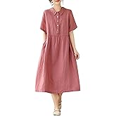 DOVWOER Women's Summer Short Sleeves Dress Polo Button Midi Dresses with Pockets