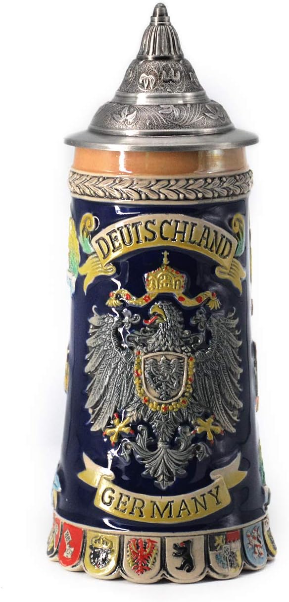 HAUCOZE Beer Stein Mug German Coats of Arms Drinking Viking Tankard with Petwer Lid for Birthday Gifts Men Father Husband 0.6 Liter