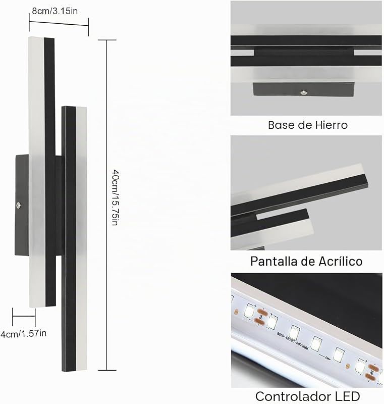 Aplique Pared Interior Negro 16W, 6500K Luz Blanca, 40cm