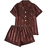 SOLY HUX Women's Satin Striped Pajama Set Short Sleeve Button Down Shirt and Shorts Sleepwear Matching Pjs