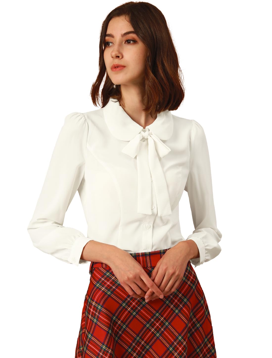 Photo 1 of Allegra K Women's Peter Pan Collar Blouse Bow Tie Neck Vintage Casual Office Button Up Shirt Medium White