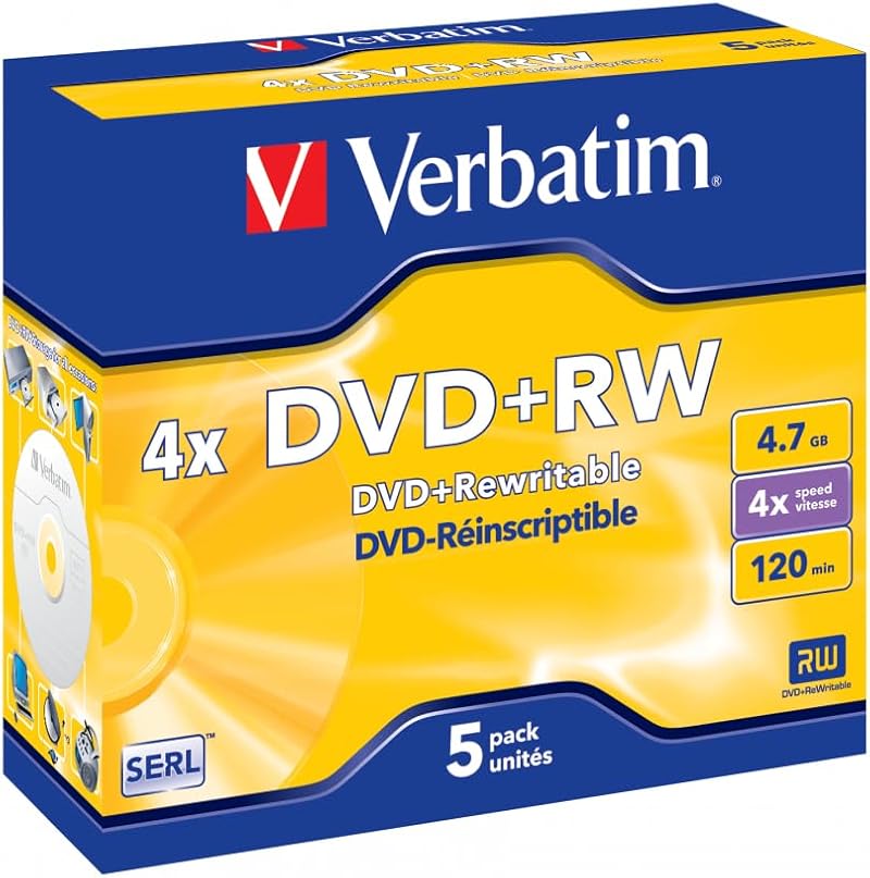 Verbatim 43229 DVD+RW 4x 4.7GB Rewritable Discs in Jewel Cases - Pack of 5