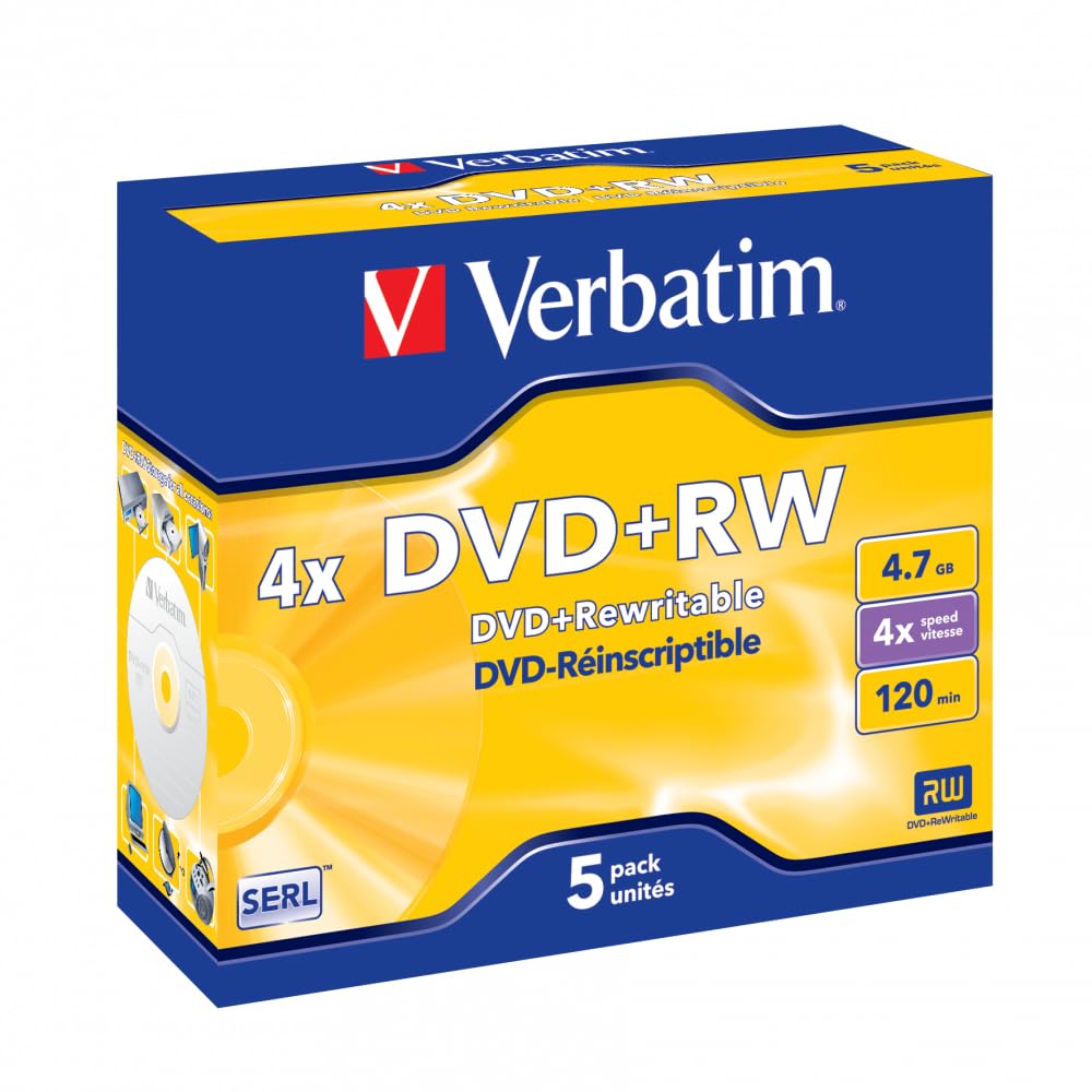Verbatim 43229 DVD+RW 4x Disc in Non Print Jewel Case (Pack of 5)