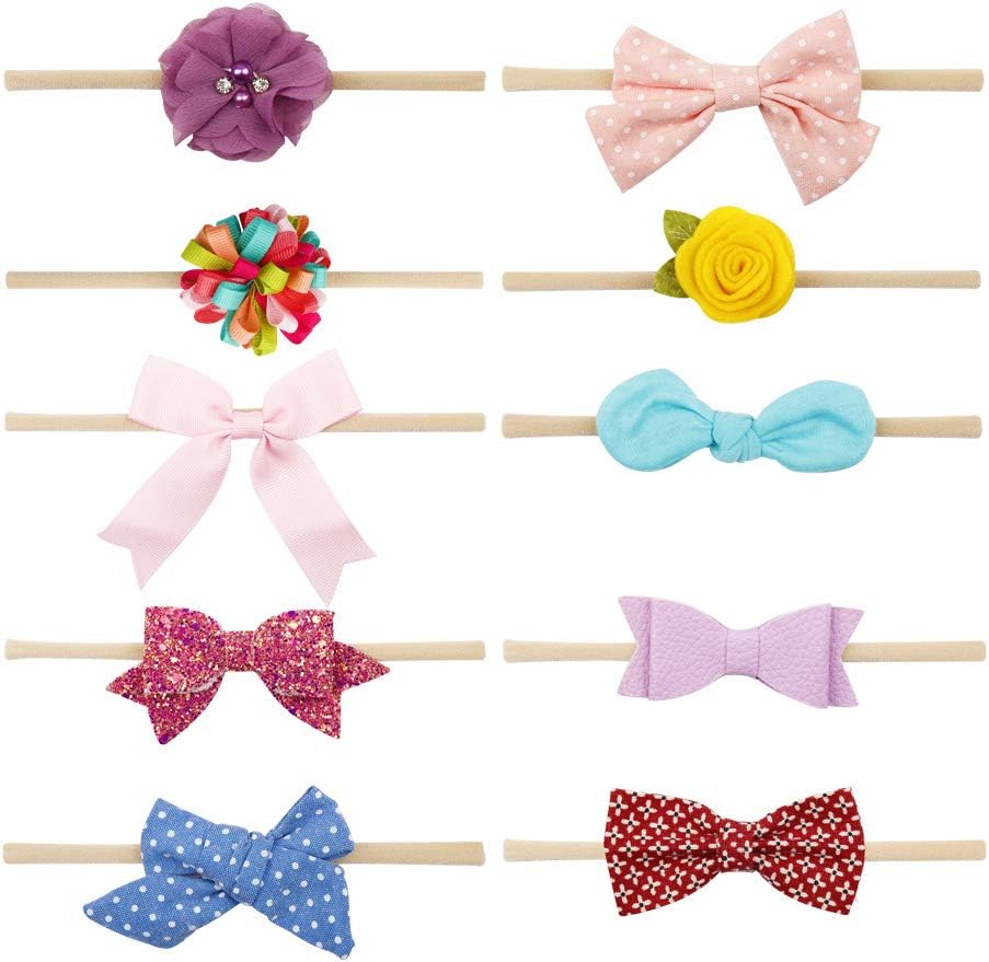 Flower Bow Headbands For Baby Girls Lightweight Floral Nylon Elastic Hair Band For Newborn Infant Toddler (10 Pcs Nylon Bows)