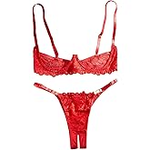 SOLY HUX Women's Underwire Lingerie Set Lace 1/4 Cup Push Up Shelf Bra and Panty 2 Piece
