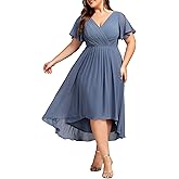 Ever-Pretty Women's Spring Chiffon V-Neck Plus Size Formal Wedding Guest Dress Short Sleeves Cocktail Dresses for Curvy Women