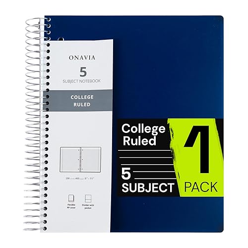 ONAVIA Spiral Notebook for School, 5 Subject, College Ruled Paper, 200 Sheets, 9" x 11", 5 Dividers with Pockets, 3 Hole Punched Perforated, Plastic Cover, Lined Journal, School Supplies,Prussian Blue