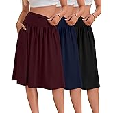Ficerd 3 Pack Women's Knee Length Casual Skirts with Pockets, Flared High Waisted Midi Pleated Flowy a Line Summer Skirts