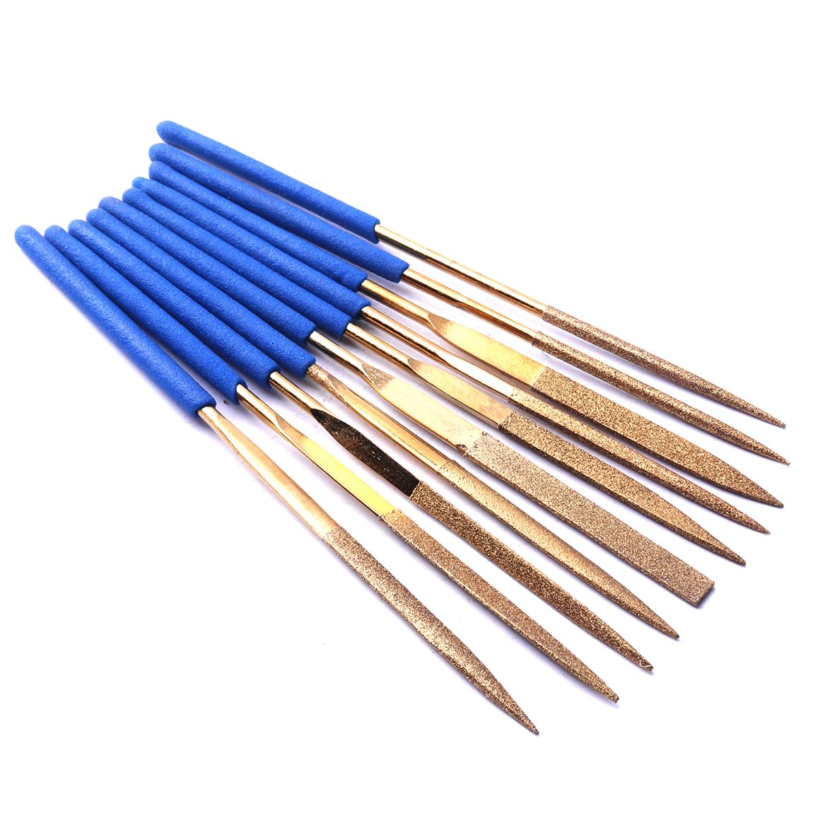 ATOPLEE Mini Diamond Needle File Set,10pcs 3x140mm Titanium Coated Diamond Files for Metal Glass Wood Stone Jewelry, Includes Round,Half Round,Triangular, Square,Flat, Warding Shape