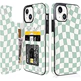 Obbii Compatible with iPhone 15 Plus Wallet Case with Card Holder, Green Checkerboard Flip Folio PU Leather Kickstand Card Slots Case for Women Girls, Double Magnetic Clasp Cover 6.7 inch