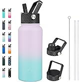 BJPKPK Insulated Water Bottles with Straw Lid, 32oz Metal Large Water Bottle with 3 Lids, Reusable Leak Proof BPA Free Thermo, Stainless Steel Tumblers for Sports, Gym, Travel-Lavender Green