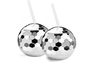 ALINK Disco Ball Cups with Straws, 20 OZ Silver Disco Party Tumbler, Birthday Party Decorations Cups for Bachelorette Party, Bride Shower, 1970s Nightclub, Pack of 2