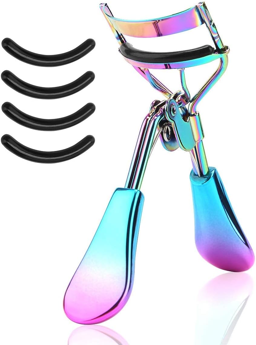 Eyelash Curler with 4pcs Refill Pads Pro Lash Curler with Spring Loaded Fit All Eye Shape Long Lasting Natural Lash Curl No Pinching Portable Makeup Tool for Travel (Prism)