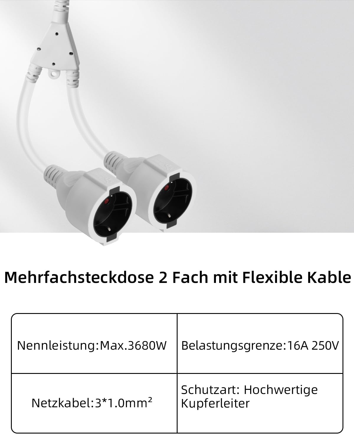 GELRHONR 90 ° Verlängerungskabel, 2 Fach Schuko Steckdosen verlängerungskabel IP44/250V16A Schutzkontakt Typ F (CEE 7/7) Steckdosen auf Buchse, für Außenbereich，Zuhause,Küche, Büro (Weiß 1 to 2) 6