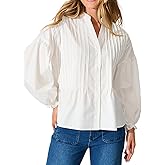 Skoinvb Women's Button Down Shirts Mandarin Collar V Neck Long Sleeve Blouse Pleated Shirt
