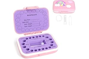 Vewye Baby Tooth Box Kids Keepsake Organizer Cute Children Tooth Fetal Hair Container with English Mark (Rainbow-Pink)