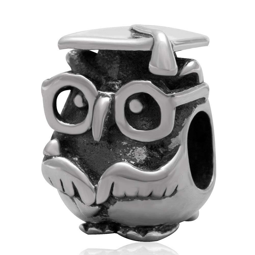 925 Sterling Silver Owl Charm Lucky Animal Charm Bird Charm Pet Charm for Pandora Charm Bracelet (C)