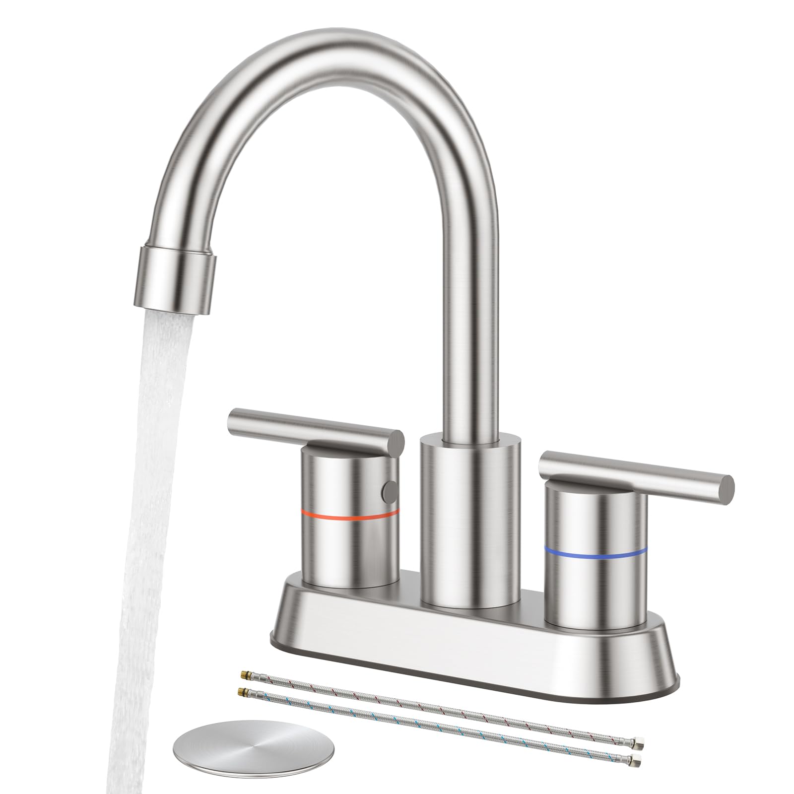 Photo 1 of Faustina Brushed Bathroom Faucet, 4 Inch Centerset Faucets for Sink 2 Holes 3 Holes?Two Handles 304 Stainless Steel Bathroom Sink Faucet with Pup up Drain and 2 cUPC Water Supply Lines for RV Vanity