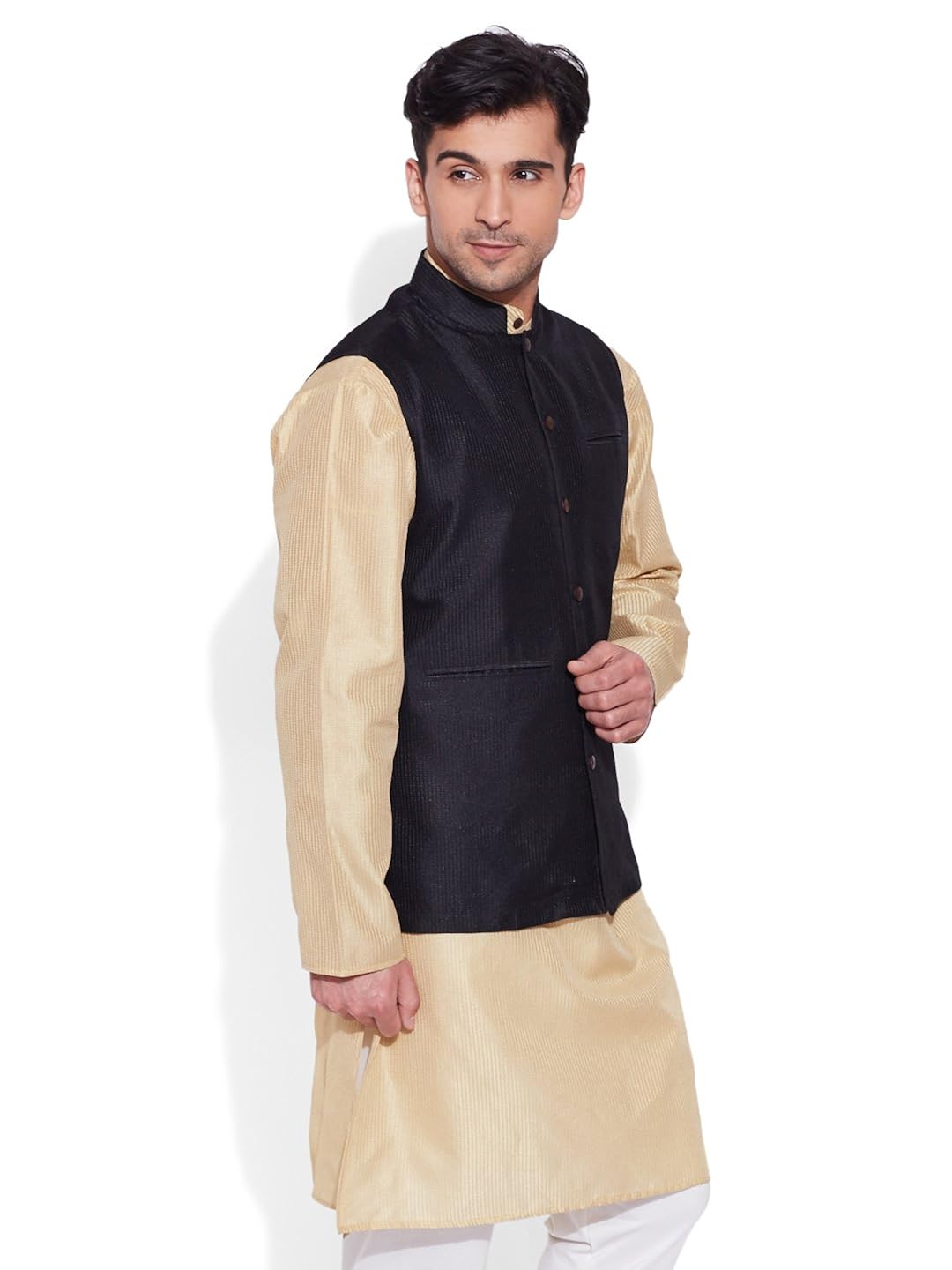 very me men's designer black faux silk textured nehru jacket