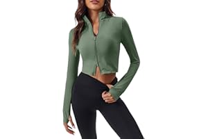 Fisoew Women's Zip Up Workout Jacket Lightweight Cropped Athletic Slim Fit Tops with Thumb Hole