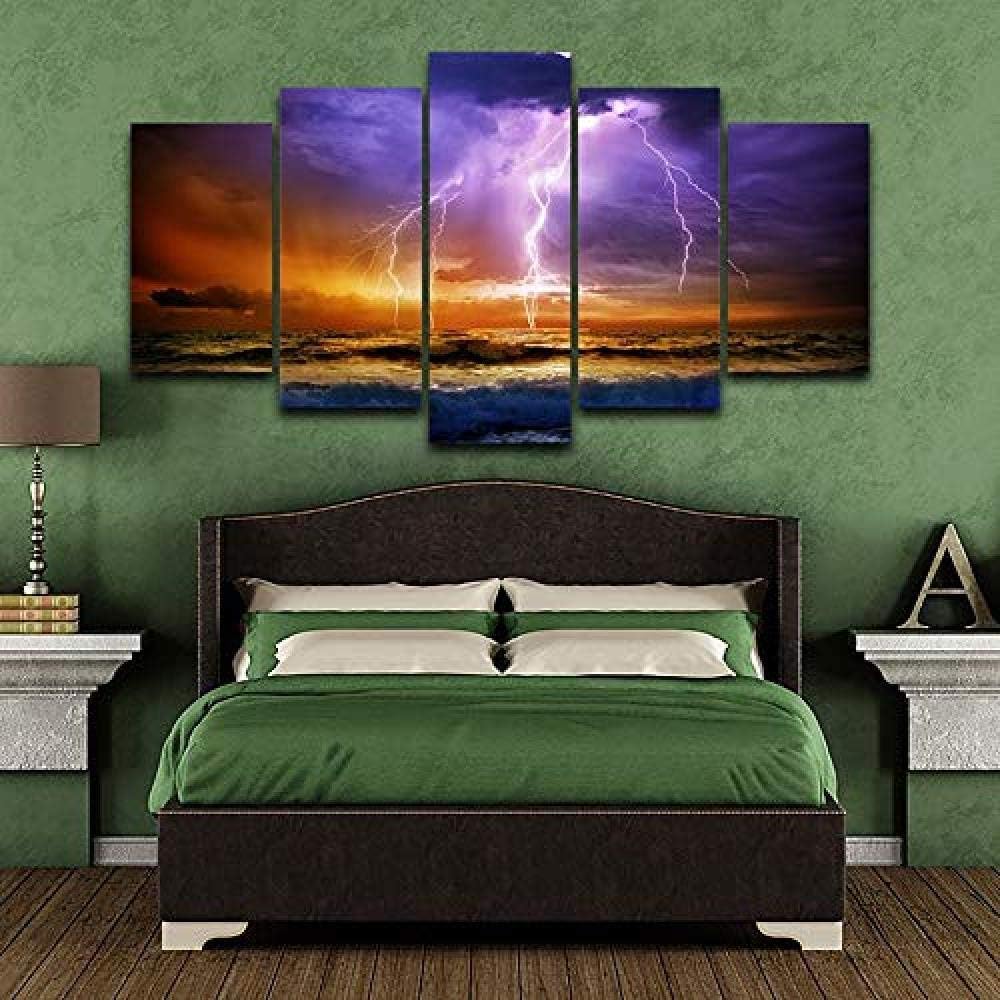 Kuletieas 5 piece HD Home Painting Wall Art Modular Poster Sea Lightning Modern Canvas Living Room Decor Printed/Including frame-200x100cm