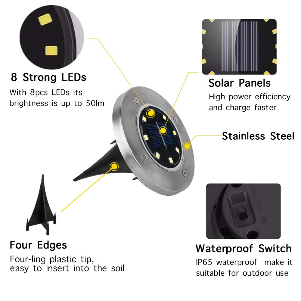 Solar Garden Lights,8LED Outdoor Lights for Yard Pathway Walkway - Warm White (4 Pack)
