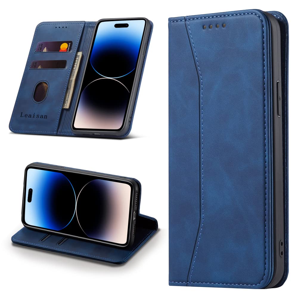 Leaisan Mobile Phone Case for iPhone 14 Pro Case Premium Leather Flip Foldable Shockproof Magnetic [Stand Function] [Card Slots] Protective Phone Accessories Case for iPhone 14 Pro 5G - Blue