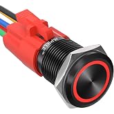 APIELE 16mm Latching Push Button Switch 12V DC On Off Black Shell with LED Angel Eye Head for 0.63" Mounting Hole with Wire Socket Plug Self-Locking (Red/Black Shell)