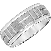 Men’s Tungsten Carbide Wedding Band – 8mm White Tungsten Ring Crystalline Sand Brushed Center, Horizontal & Vertical Line Engravings, Beveled Edges, Flat Profile, Comfort Fit, Anti-Scratch &