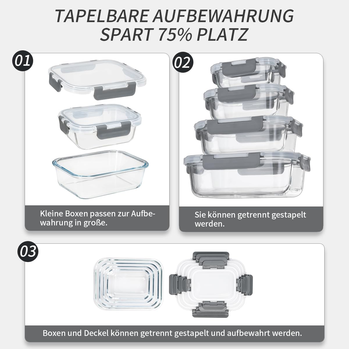 Fenger Glas Frischhaltedosen mit deckel Vorratsbehälterset,kühlschrank organizer Aufbewahrungsbehälter aufschnittboxen，meal prep gläser - luftdicht mikrowellengeschirr BPA-frei (10 Behälter) 3