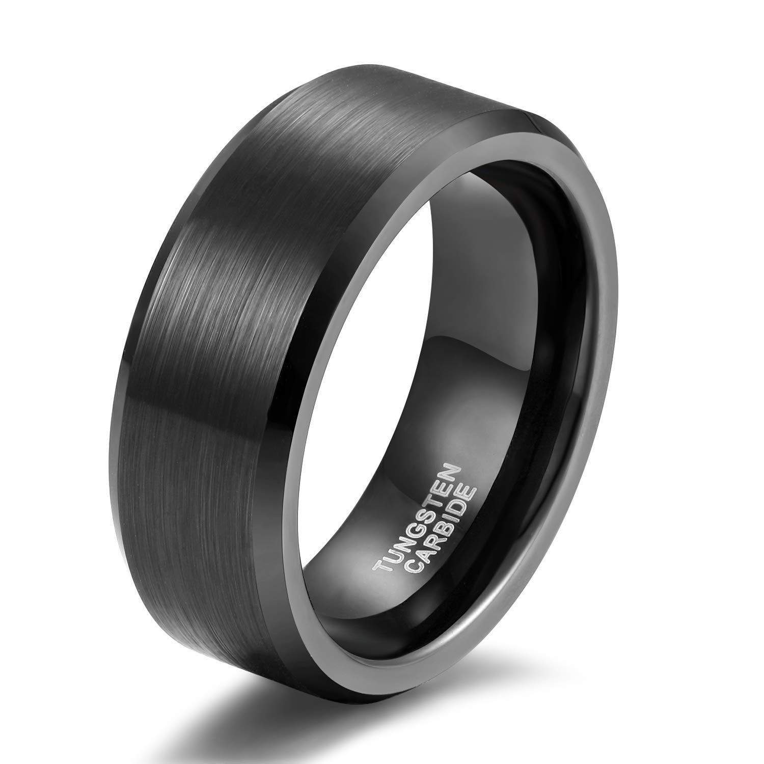 Titaniumcentral 4mm 6mm 8mm Tungsten Carbide Ring for Men Women Beveled Edge Brushed Engagement Wedding Band Comfort Fit (Black 8mm,Size N 1/2)