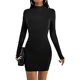 Shetells Women's Long Sleeve Mock Turtle Neck Dress Ribbed Knit Bobycon Pencil Dress Slim Fit Sexy Party Mini Dresses