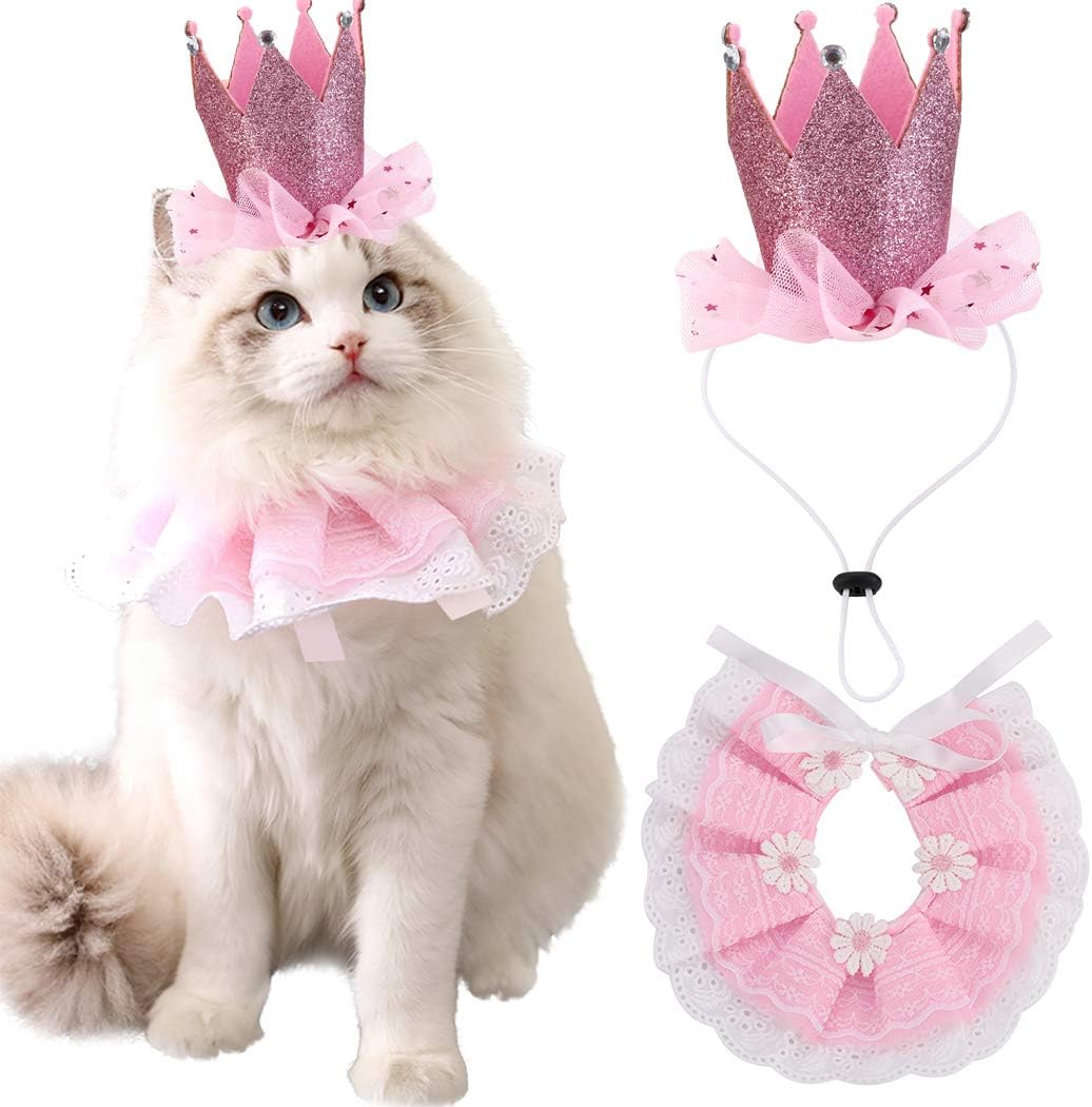 Bangcool Cat Dresses for Cats,Cats Dress Cute Cats Skirt Costumes Pet Crown Hat Lovely Glitter Rhinestone Cat Costume Dog Party Crown with Pet Bib