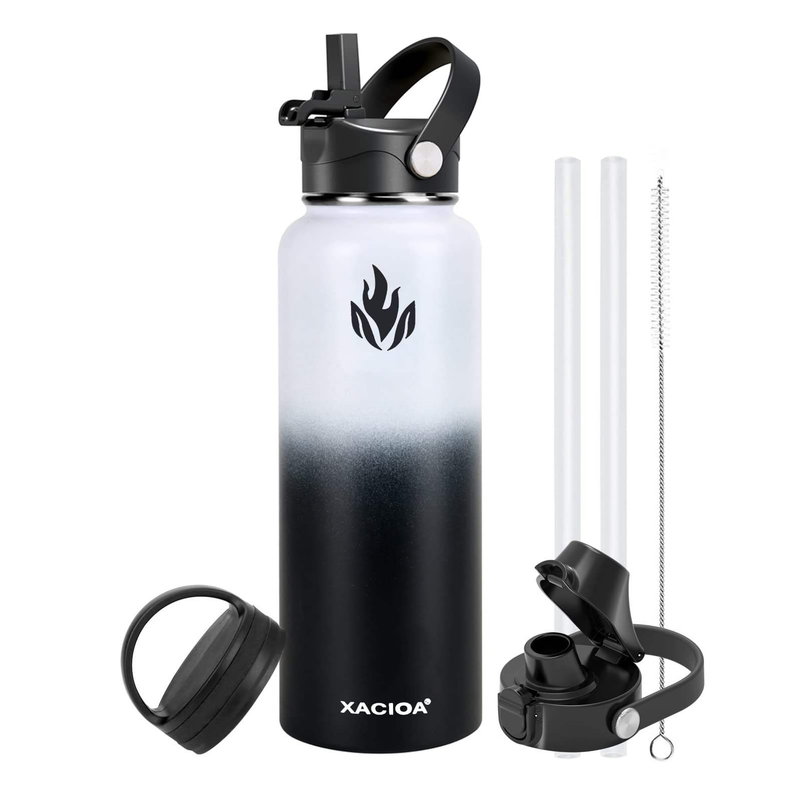 XACIOA Water Bottle Vacuum Insulated 32oz 40oz with Straw Lid,Stainless Steel Drink Flask with Flip Top Bottle Lid,Metal Wide Mouth Double Walled Leak Proof Keeps Hot Cold (White/Black, 40oz)
