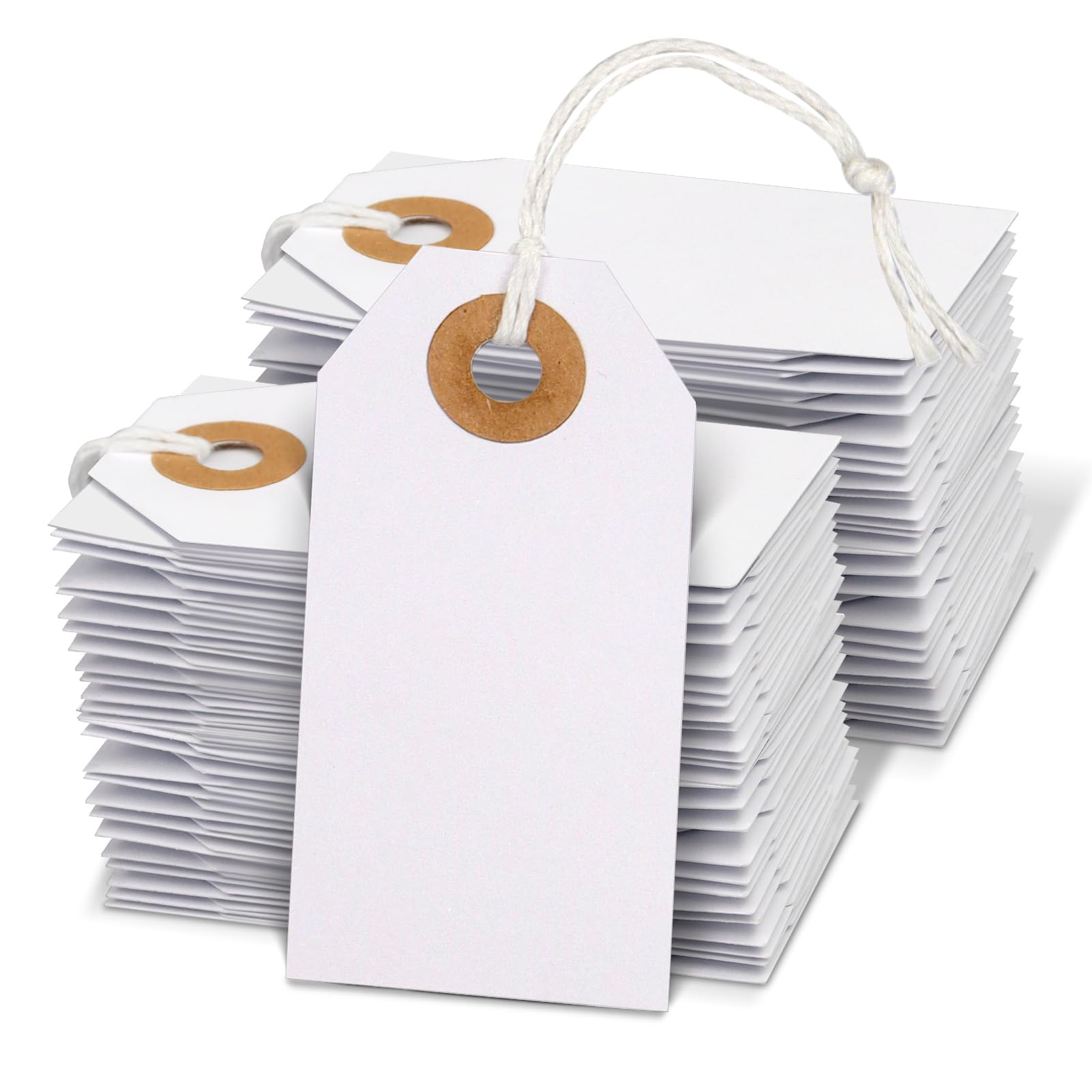 Hanqing Price Tags with String, 100 Pcs Hang Card with Reinforced Hole, Blank Paper Display Tags for Luggage, Clothing, Gifts, Jewelry (White)
