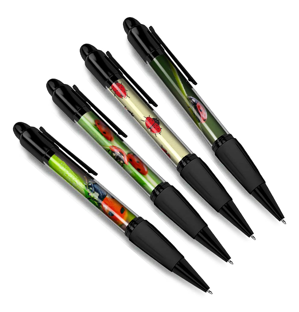 DV DESIGN Set of 4 Ladybird Black Ballpoint Pens - Lady Bug Insect Animal Nature Wildlife Travel Portrait Boys Girls Men Women Theme Pen #79459