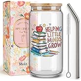 Best Teacher Appreciation Gifts for Women,Friend,Sister,Teacher Gifts for Christmas Birthday Thanksgiving,Thank You Teachers Glass Coffee Cup with Lids and Straws,Helping Little Minds Grow -116