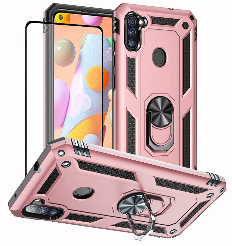 for Galaxy A11 Phone Case, Samsung A11 Phone Case with Screen Protector, Military Grade Protective Cases with Ring for Samsung Galaxy A11 (Rose Gold)