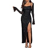 KUTUMAI Women's Sexy Long Sleeve Sequin Maxi Dress Halter Side Split Ruched Bodycon Formal Cocktail Party Dresses