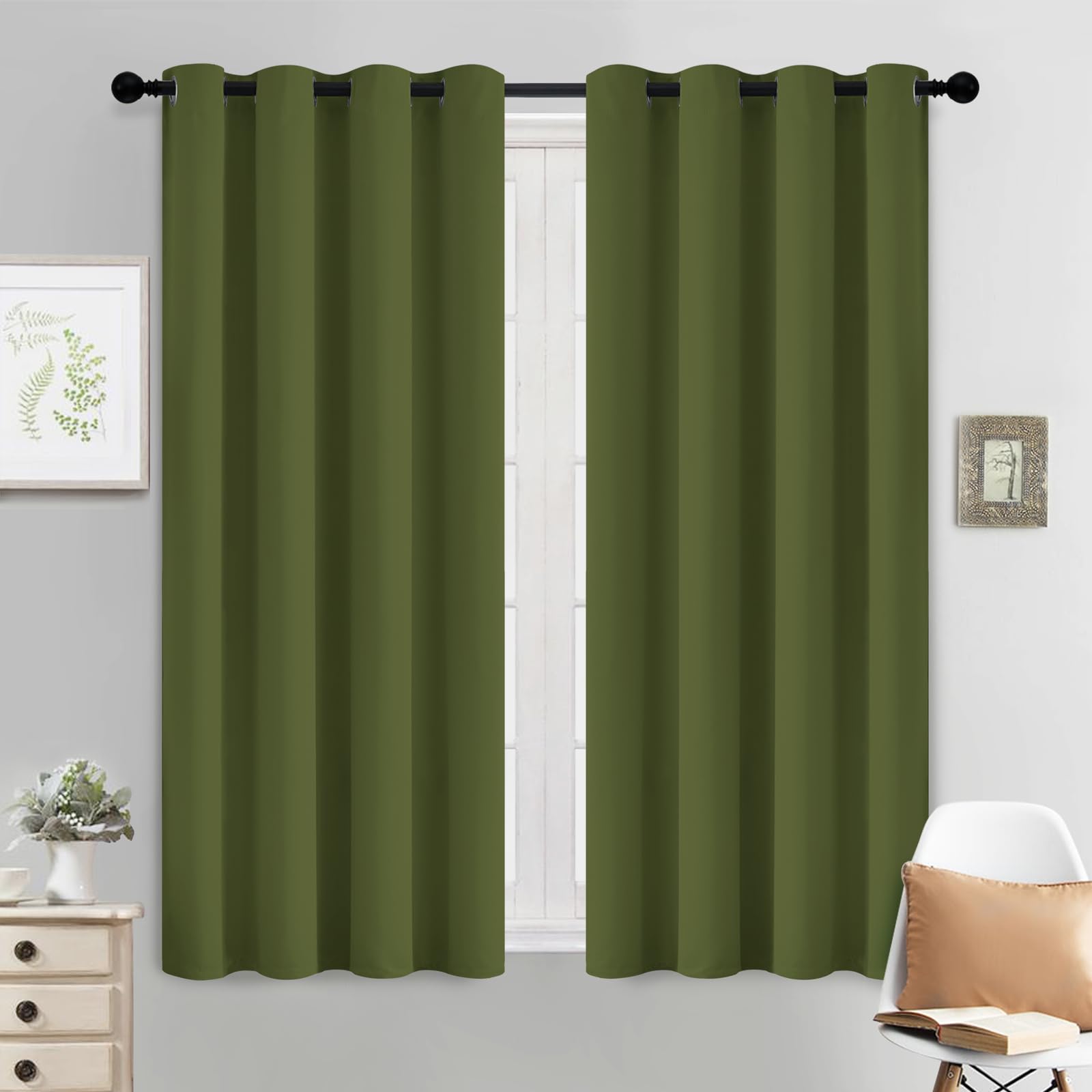 Yakamok Olive Green Curtains 54 Inches Length Blackout Curtain for Bedroom-Green Room Darkening Thermal Insulated Grommet Drapes for Living Room, 52W x 54L,2 Panels Image