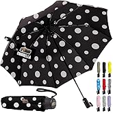 GORILLA GRIP Strong Windproof Stick Compact Umbrella for Rain, One-Click Automatic Open and Close, Durable Quick Dry Waterproof Material, Lightweight and Portable, Travel Size Fits Backpack Polka Dots