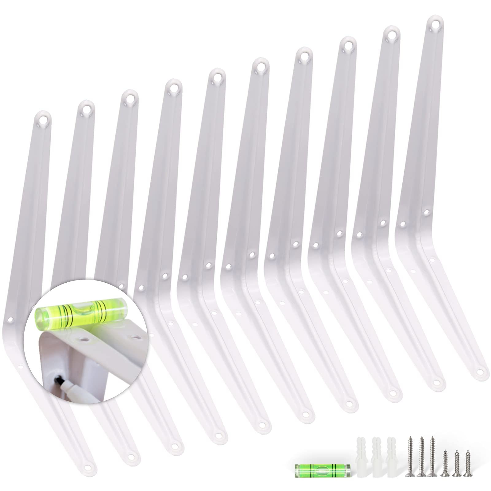 KOOLPUG Shelf Brackets with Screws and Mini Spirit Level, 10 Pcs London Wall Mount Brackets (White, 10Pc) (8x10 Inch)