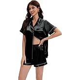 Maxbee Silk Satin Pajama Short Set for women, 2 Piece Silk Pjs Shorts for Summer, Button Down Pajama Sets Pj Sets