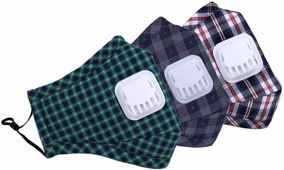 Pack of 3 Adult Face Mouth PM 2.5 Protection Gauze Mask Activated Carbon Breathable Cotton Reusable Respirator Anti Dust Fog Haze 3D Shape, Grid x 3, Model C