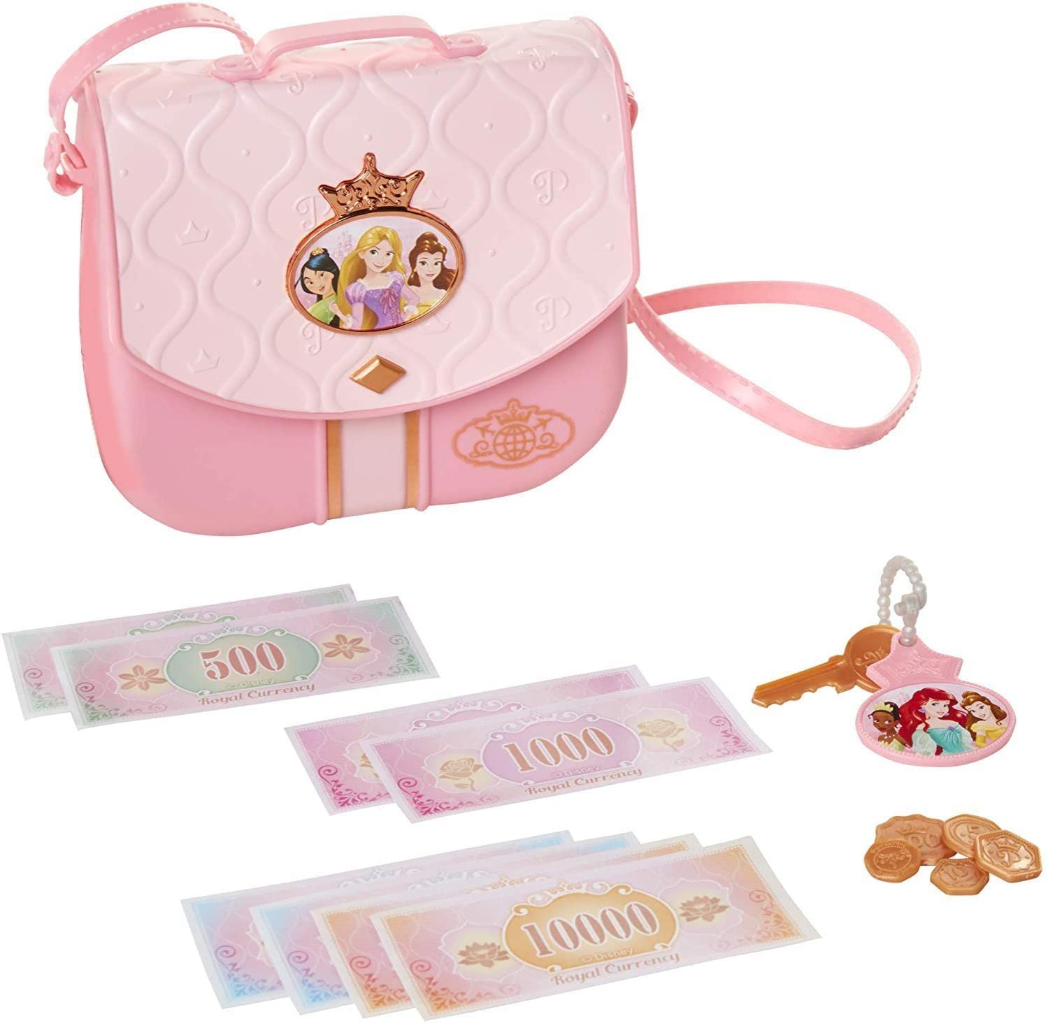 Disney Princess Style Collection World Traveler Purse Set Bag with Strap, Sunglasses, Key with Charm, 5 Play Coins & 8 Paper Bills For Girls Ages 3+