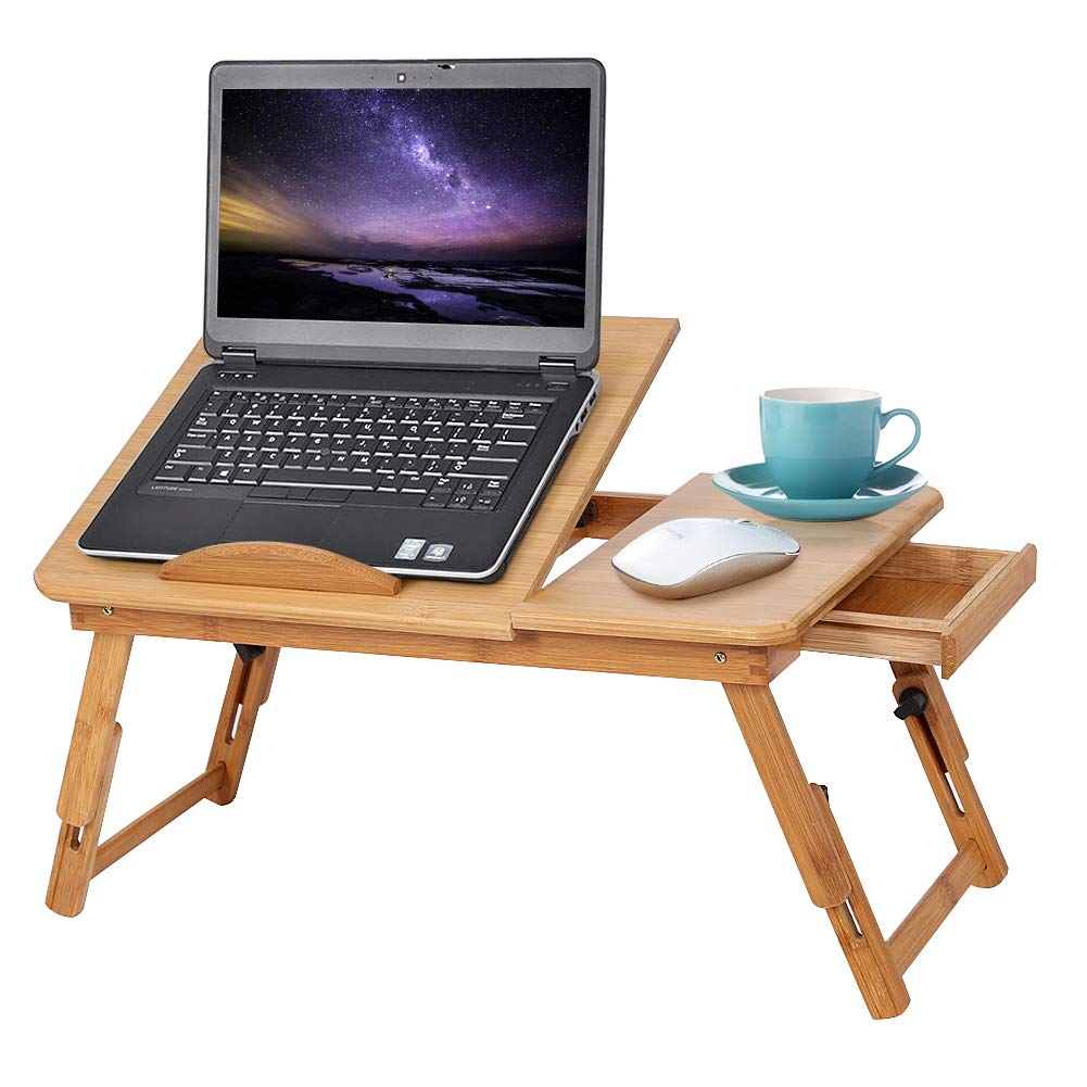 Portable Laptop Tray, Folding Adjustable Laptop Stand Foldable Rack Shelf Dormitory Bed Lap Desk with Hole Cooling Light & Drawer, Book Reading Tray Stand Notebook Breakfast Table for Bed Sofa