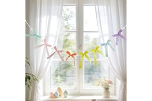 JINFUNA Easter Pastel Bow Garland Banner, Macaron Color Ribbon Hanging Party Bow Garland Decor with Pom Balls for Easter Hang